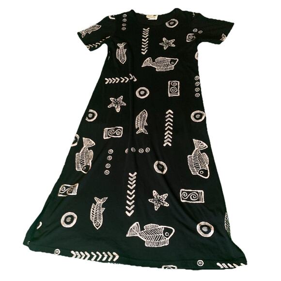 Copa Cabana Blk/White Stretch T-Shirt Knit Fish Starfish Print Dress Small VTG - Picture 1 of 9